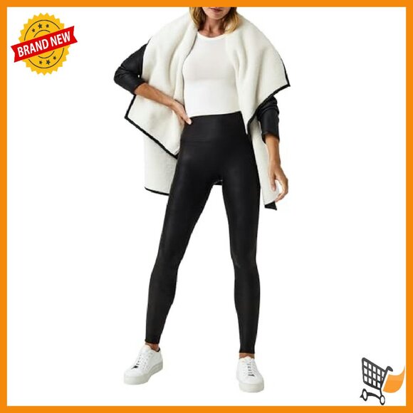 Faux Leather Fleece-Lined Leggings Tummy Control High Waist Shapewear - Picture 2 of 8